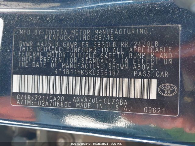 Photo 8 VIN: 4T1B11HK5KU296187 - TOYOTA CAMRY 