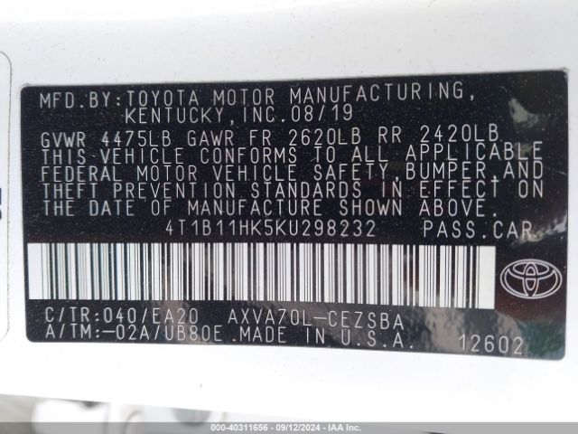 Photo 8 VIN: 4T1B11HK5KU298232 - TOYOTA CAMRY 