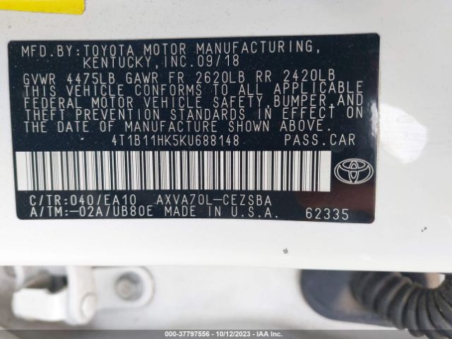 Photo 8 VIN: 4T1B11HK5KU688148 - TOYOTA CAMRY 