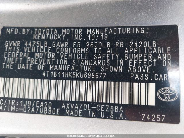 Photo 8 VIN: 4T1B11HK5KU698677 - TOYOTA CAMRY 