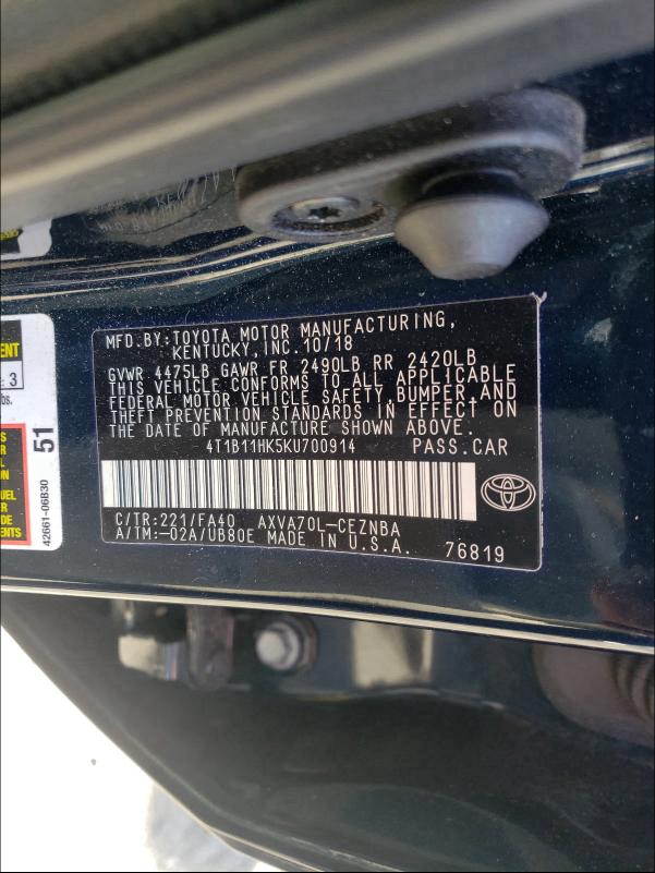 Photo 9 VIN: 4T1B11HK5KU700914 - TOYOTA CAMRY L 