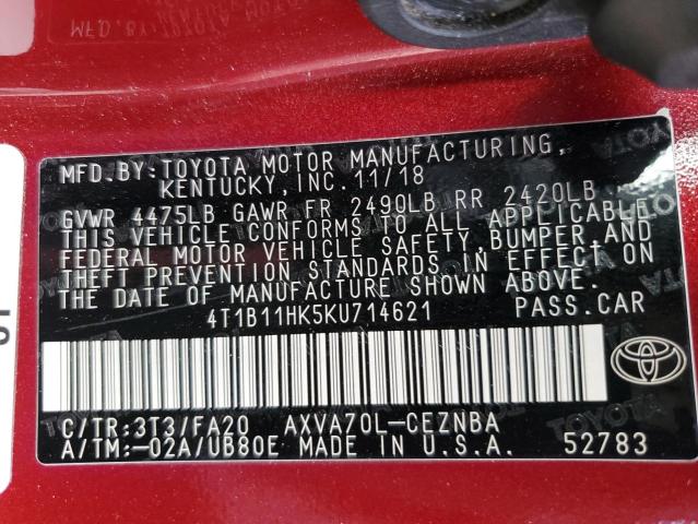 Photo 12 VIN: 4T1B11HK5KU714621 - TOYOTA CAMRY L 