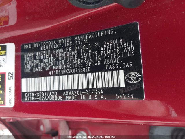 Photo 8 VIN: 4T1B11HK5KU715820 - TOYOTA CAMRY 