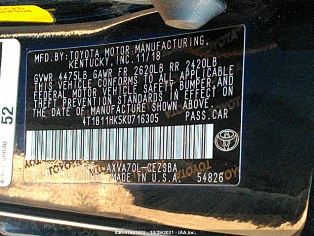 Photo 8 VIN: 4T1B11HK5KU716305 - TOYOTA CAMRY 