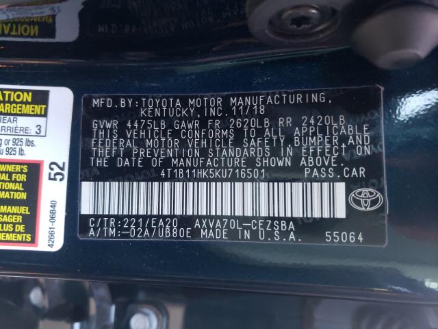 Photo 9 VIN: 4T1B11HK5KU716501 - TOYOTA CAMRY L 