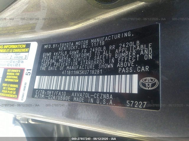 Photo 8 VIN: 4T1B11HK5KU718281 - TOYOTA CAMRY 