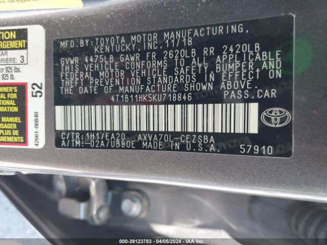 Photo 8 VIN: 4T1B11HK5KU718846 - TOYOTA CAMRY 