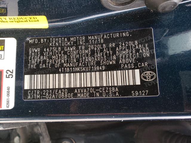 Photo 9 VIN: 4T1B11HK5KU719849 - TOYOTA CAMRY L 