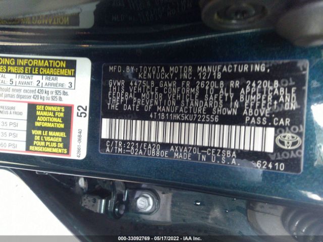 Photo 8 VIN: 4T1B11HK5KU722556 - TOYOTA CAMRY 