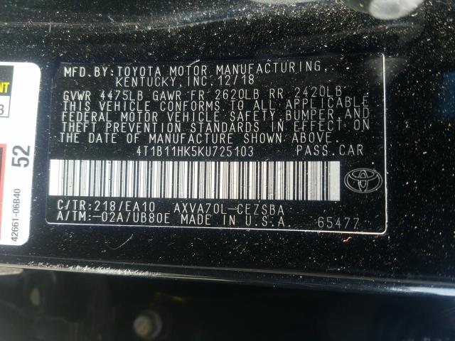 Photo 9 VIN: 4T1B11HK5KU725103 - TOYOTA CAMRY L 