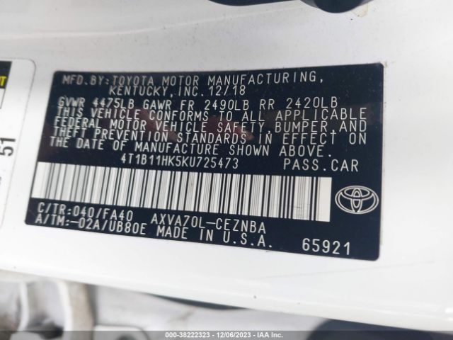 Photo 8 VIN: 4T1B11HK5KU725473 - TOYOTA CAMRY 