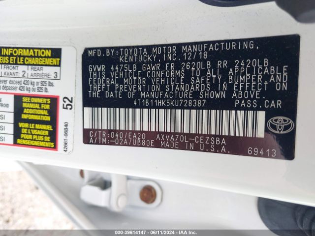 Photo 8 VIN: 4T1B11HK5KU728387 - TOYOTA CAMRY 