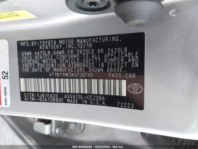 Photo 8 VIN: 4T1B11HK5KU730740 - TOYOTA CAMRY 