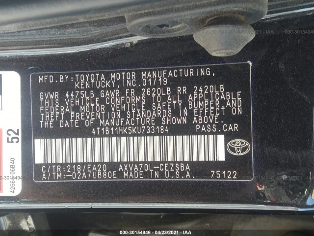 Photo 8 VIN: 4T1B11HK5KU733184 - TOYOTA CAMRY 