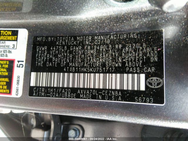 Photo 8 VIN: 4T1B11HK5KU751717 - TOYOTA CAMRY 