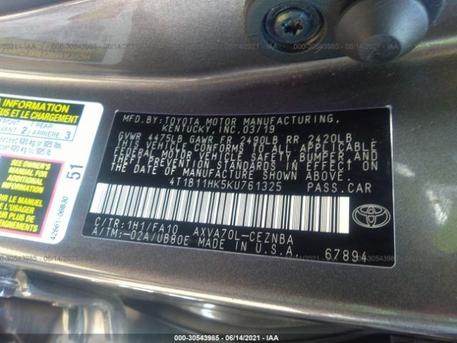 Photo 8 VIN: 4T1B11HK5KU761325 - TOYOTA CAMRY 