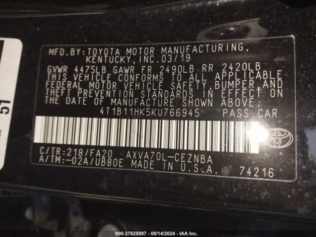 Photo 8 VIN: 4T1B11HK5KU766945 - TOYOTA CAMRY 