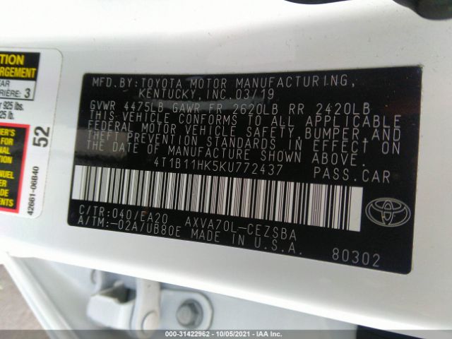 Photo 8 VIN: 4T1B11HK5KU772437 - TOYOTA CAMRY 