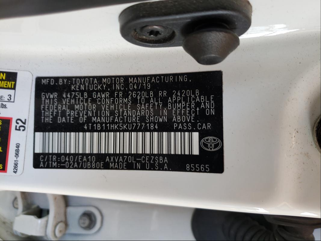 Photo 9 VIN: 4T1B11HK5KU777184 - TOYOTA CAMRY L 