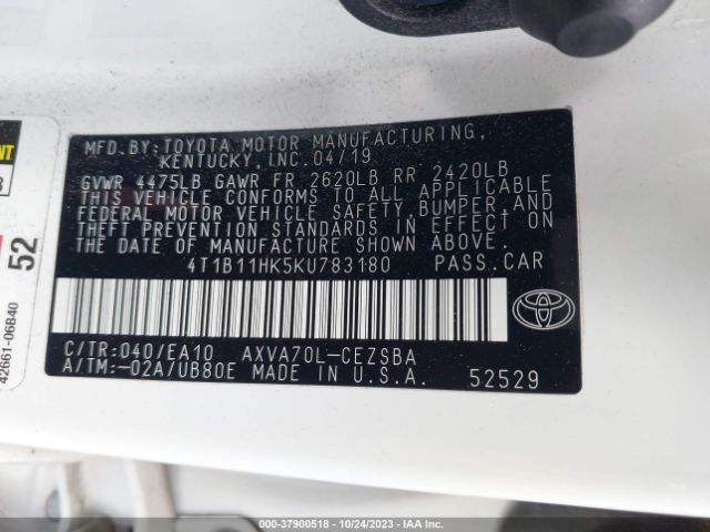 Photo 8 VIN: 4T1B11HK5KU783180 - TOYOTA CAMRY 