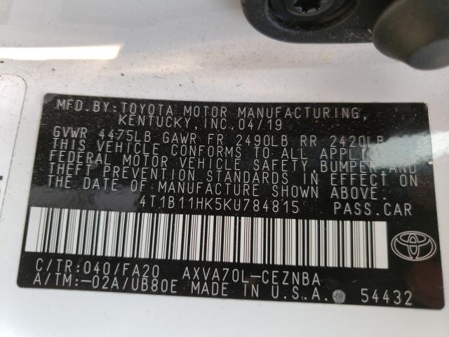 Photo 9 VIN: 4T1B11HK5KU784815 - TOYOTA CAMRY L 