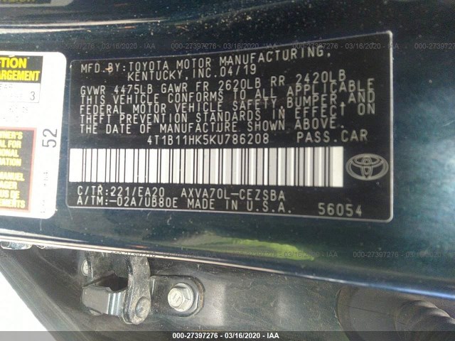 Photo 8 VIN: 4T1B11HK5KU786208 - TOYOTA CAMRY 