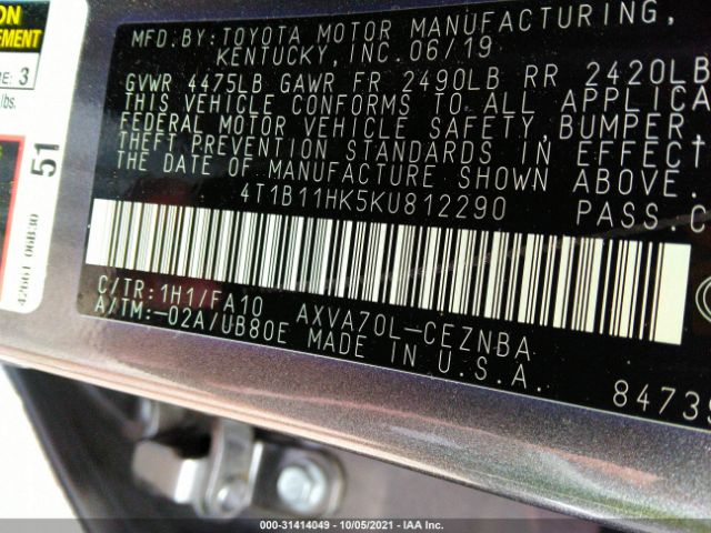 Photo 8 VIN: 4T1B11HK5KU812290 - TOYOTA CAMRY 