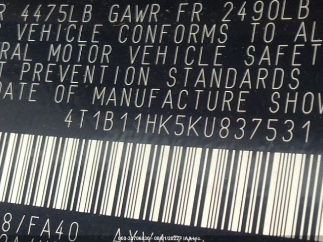 Photo 8 VIN: 4T1B11HK5KU837531 - TOYOTA CAMRY 