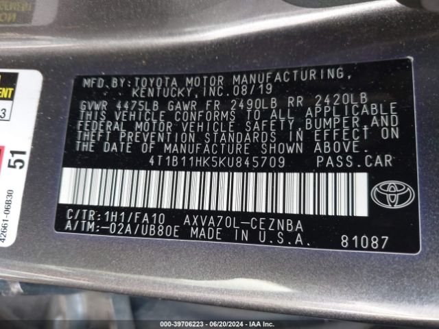 Photo 8 VIN: 4T1B11HK5KU845709 - TOYOTA CAMRY 