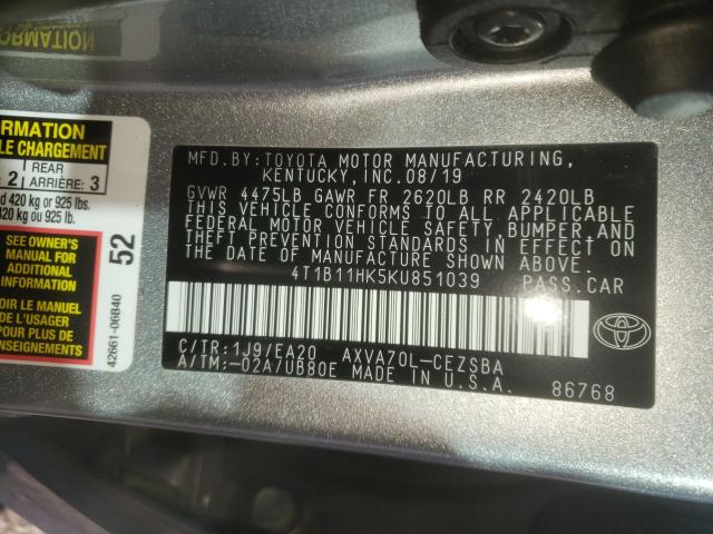 Photo 9 VIN: 4T1B11HK5KU851039 - TOYOTA CAMRY L 