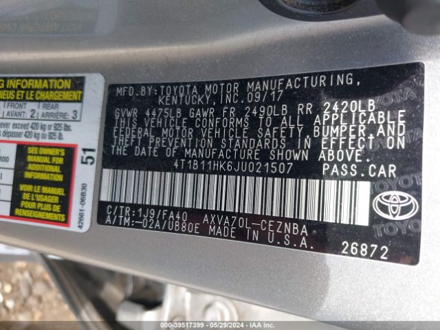 Photo 8 VIN: 4T1B11HK6JU021507 - TOYOTA CAMRY 