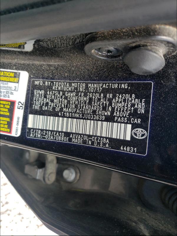 Photo 9 VIN: 4T1B11HK6JU033639 - TOYOTA CAMRY L 