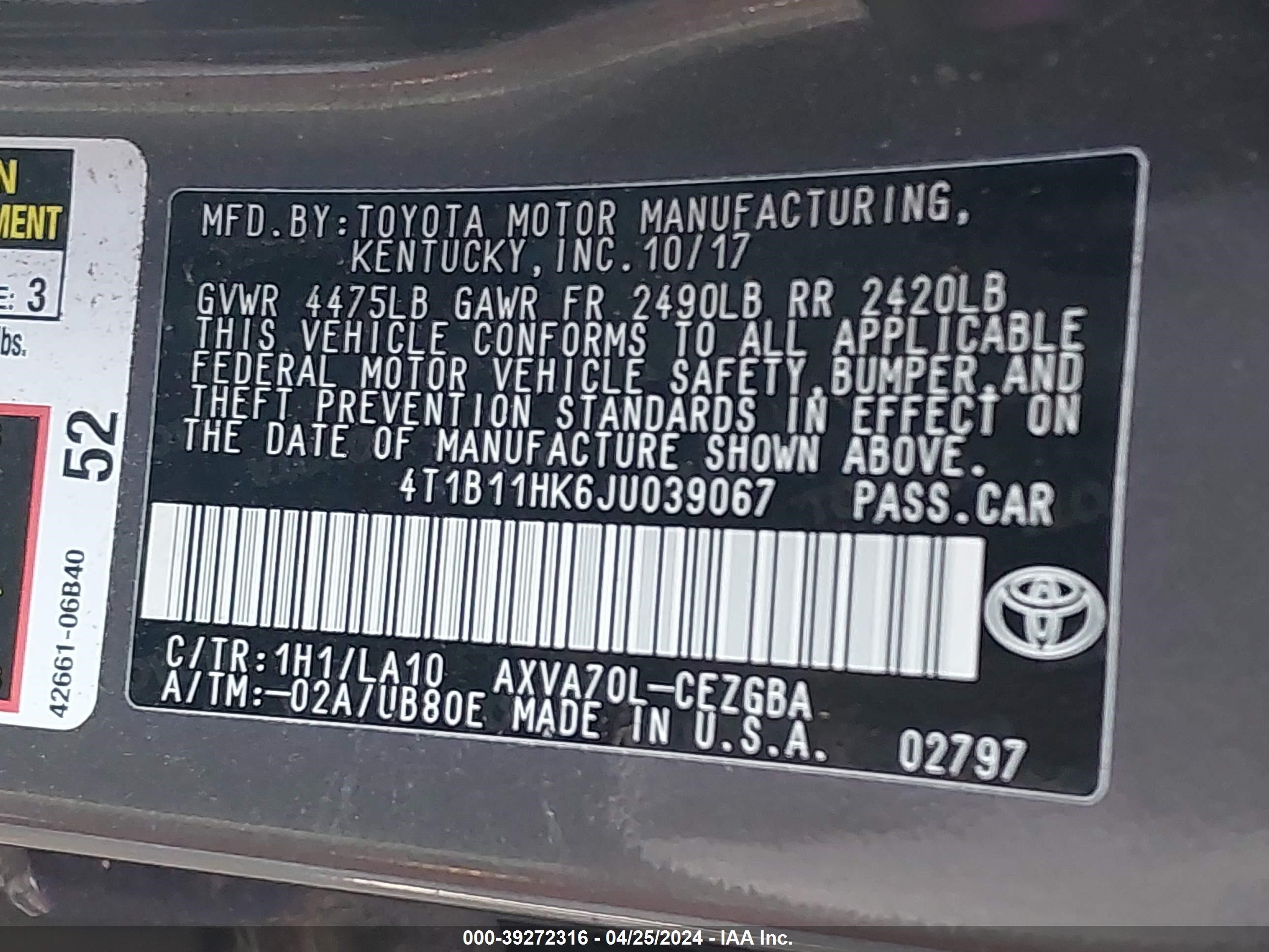 Photo 8 VIN: 4T1B11HK6JU039067 - TOYOTA CAMRY 