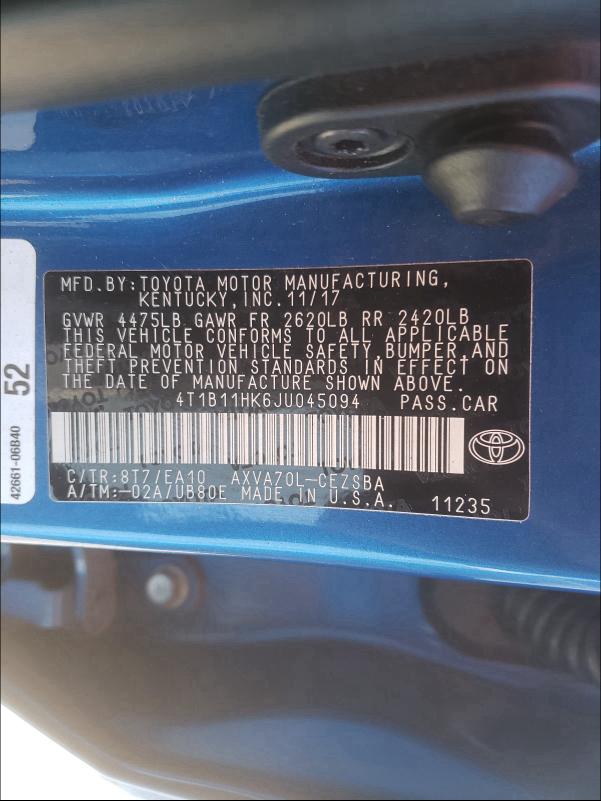 Photo 9 VIN: 4T1B11HK6JU045094 - TOYOTA CAMRY L 