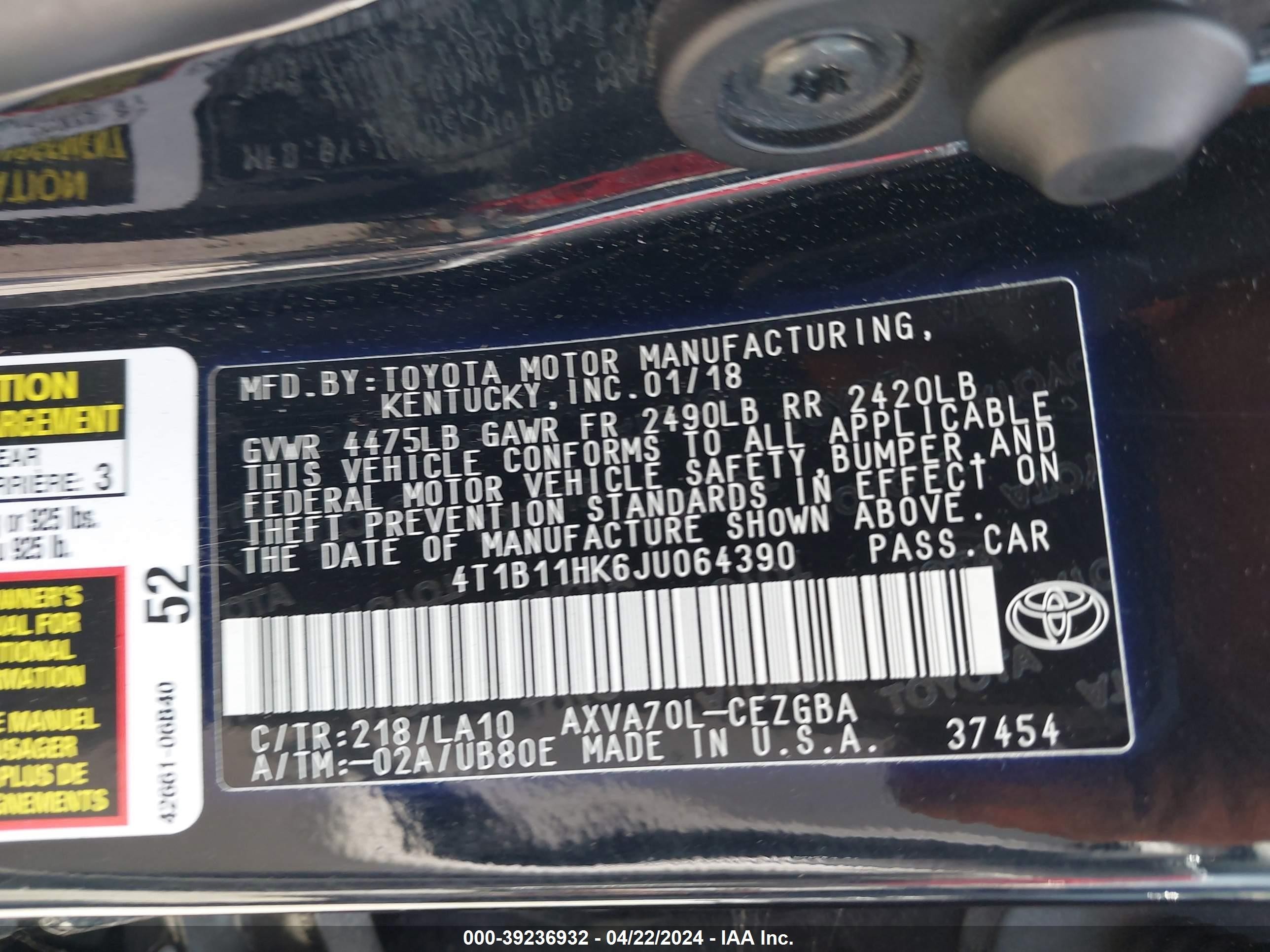 Photo 8 VIN: 4T1B11HK6JU064390 - TOYOTA CAMRY 