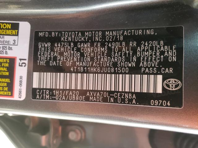 Photo 9 VIN: 4T1B11HK6JU081500 - TOYOTA CAMRY L 