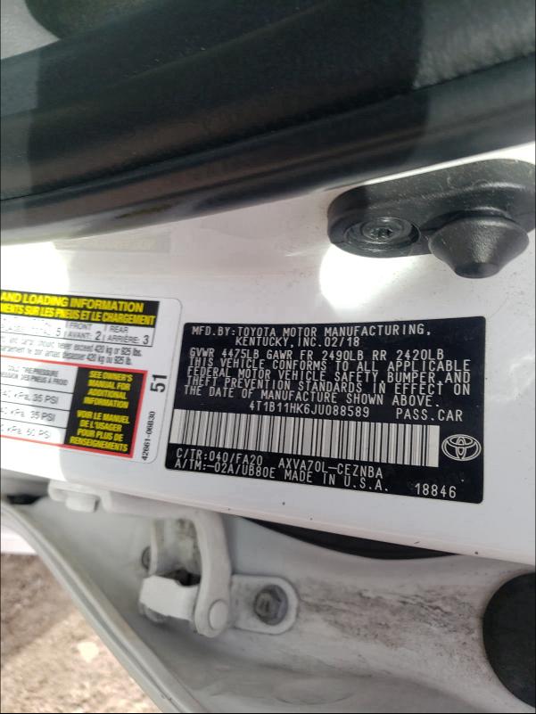 Photo 9 VIN: 4T1B11HK6JU088589 - TOYOTA CAMRY L 