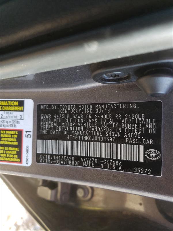 Photo 9 VIN: 4T1B11HK6JU101597 - TOYOTA CAMRY L 