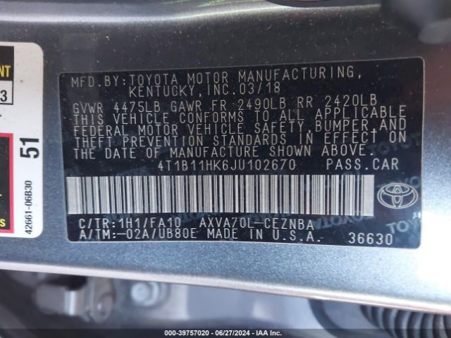 Photo 8 VIN: 4T1B11HK6JU102670 - TOYOTA CAMRY 