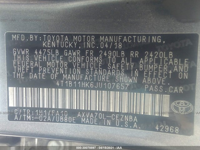 Photo 8 VIN: 4T1B11HK6JU107657 - TOYOTA CAMRY 