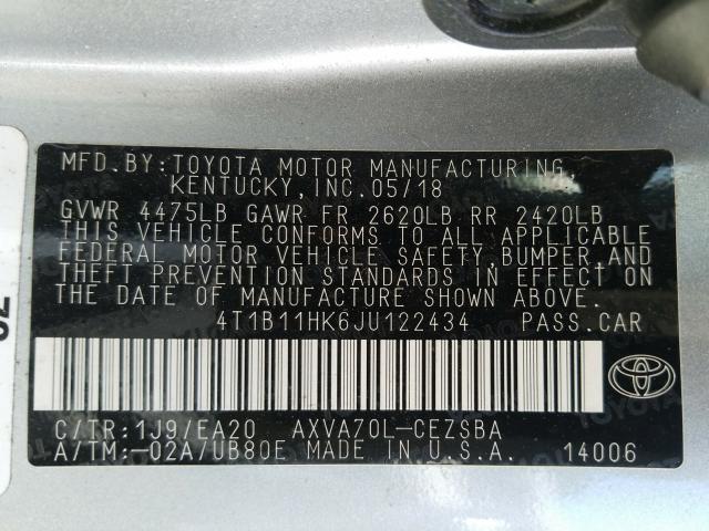 Photo 9 VIN: 4T1B11HK6JU122434 - TOYOTA CAMRY L 