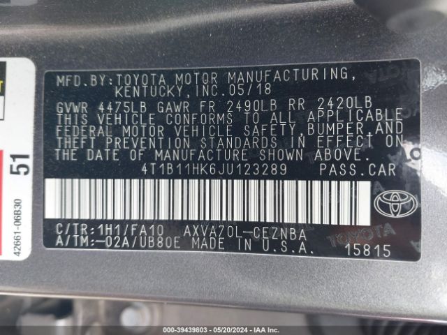 Photo 8 VIN: 4T1B11HK6JU123289 - TOYOTA CAMRY 