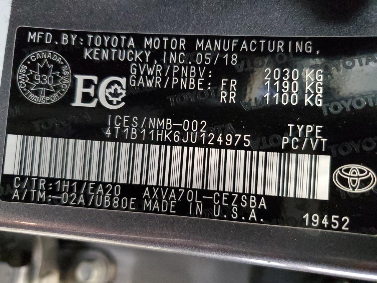 Photo 11 VIN: 4T1B11HK6JU124975 - TOYOTA CAMRY 