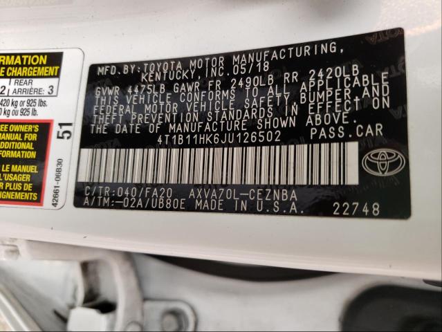 Photo 9 VIN: 4T1B11HK6JU126502 - TOYOTA CAMRY L 