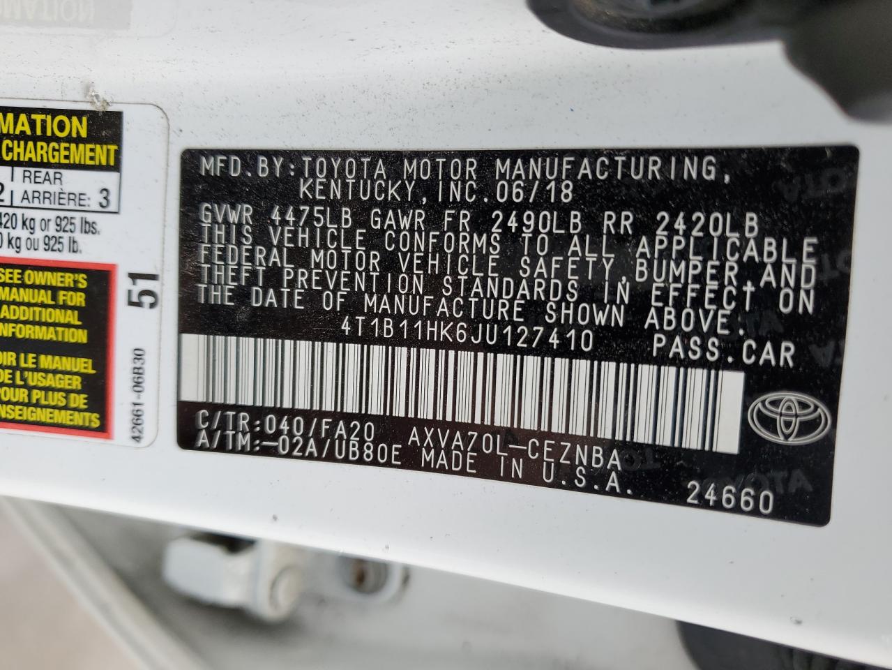 Photo 11 VIN: 4T1B11HK6JU127410 - TOYOTA CAMRY 