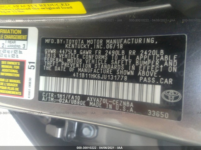 Photo 8 VIN: 4T1B11HK6JU131778 - TOYOTA CAMRY 