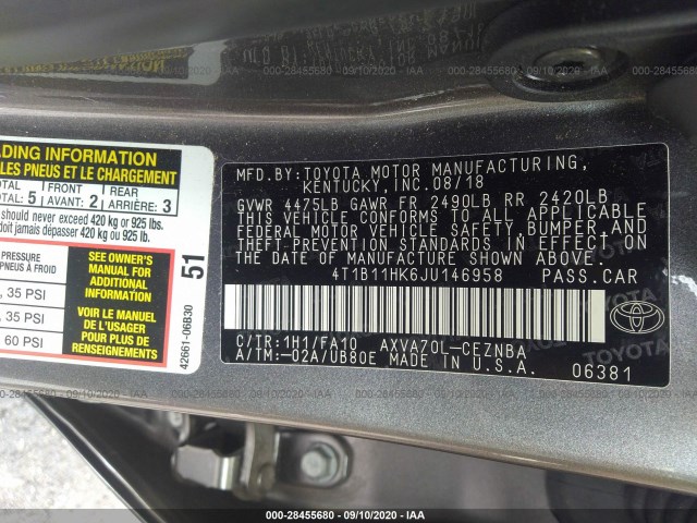 Photo 8 VIN: 4T1B11HK6JU146958 - TOYOTA CAMRY 