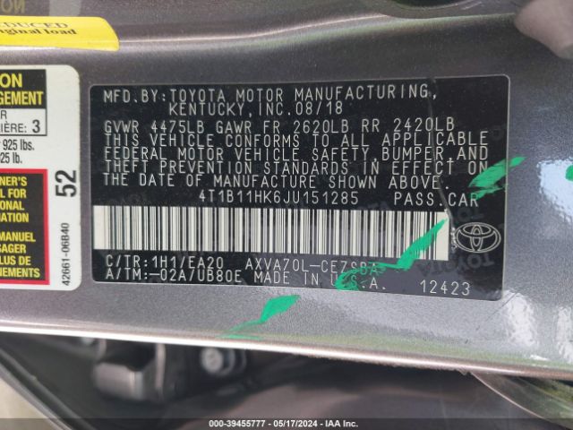 Photo 8 VIN: 4T1B11HK6JU151285 - TOYOTA CAMRY 