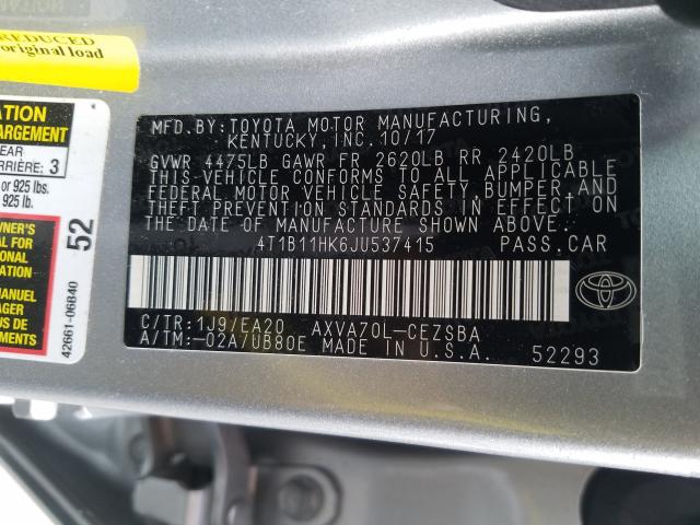 Photo 9 VIN: 4T1B11HK6JU537415 - TOYOTA CAMRY L 