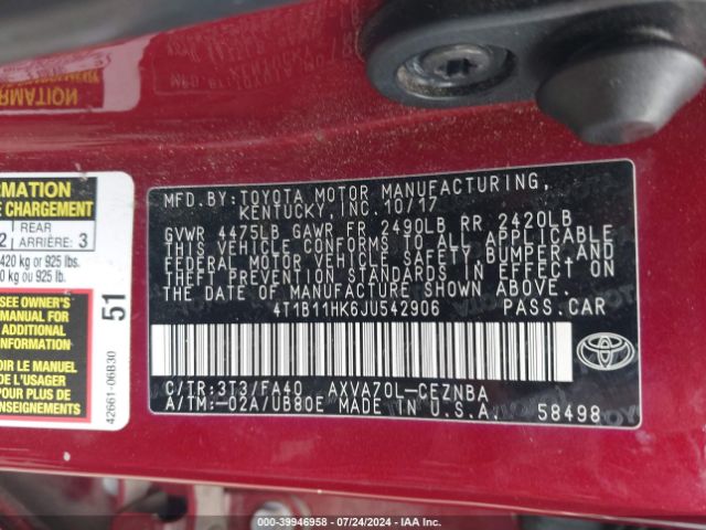 Photo 8 VIN: 4T1B11HK6JU542906 - TOYOTA CAMRY 